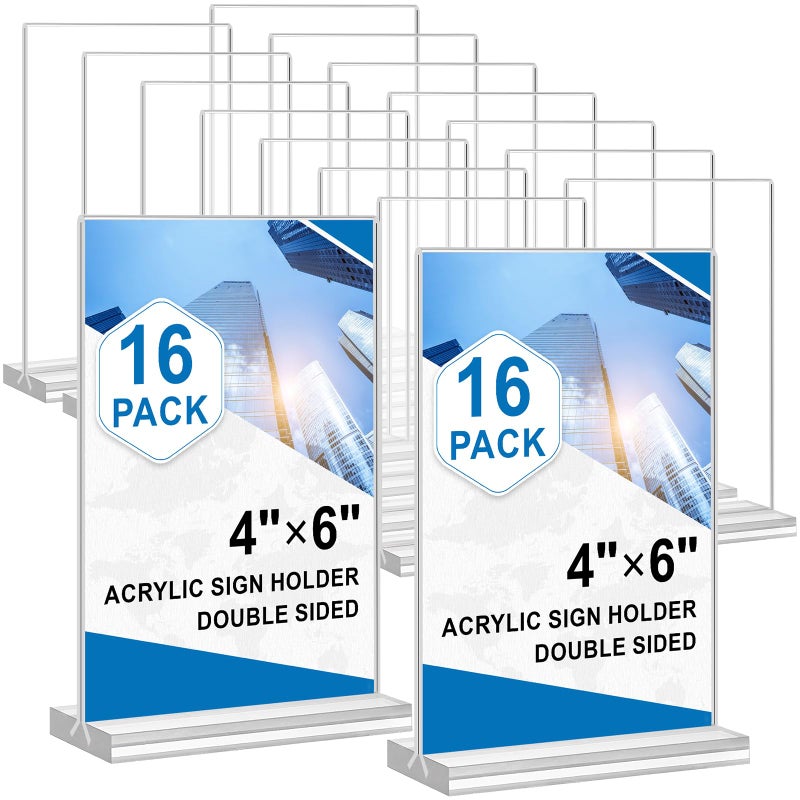 DunGu Acrylic Sign Holder 4x6, 16 Pack Clear Table Double Sided Clear Table Menu Vertical Display Stand Desktop Display Stand Paper Holder Table Sign Holder Suitable for Restaurants Office Store Show Fair - Image 1